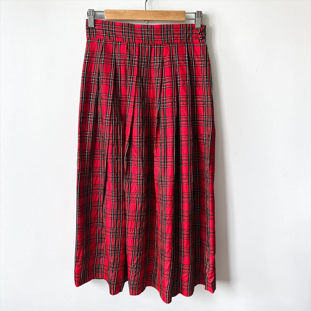 Vintage Pleated Plaid Skirt Women's Medium Red Midi A-line High Rise Festive